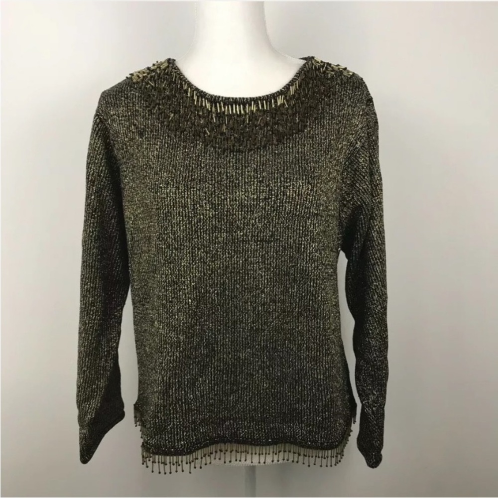Christina Rotelli sweater shimmer gold and black beaded fringe size XL